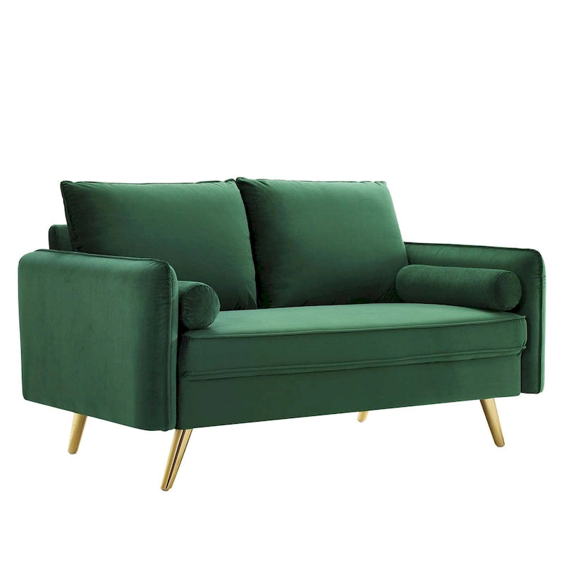 Dwustronna welurowa sofa dwuosobowa ze złotymi nóżkami i poduszkami