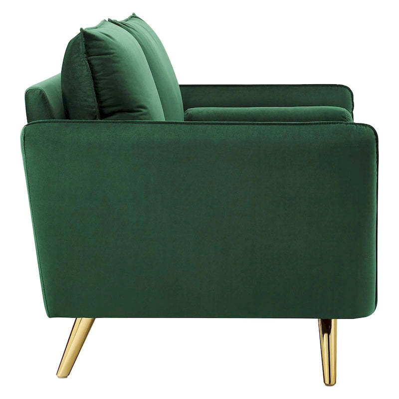 Dwustronna welurowa sofa dwuosobowa ze złotymi nóżkami i poduszkami
