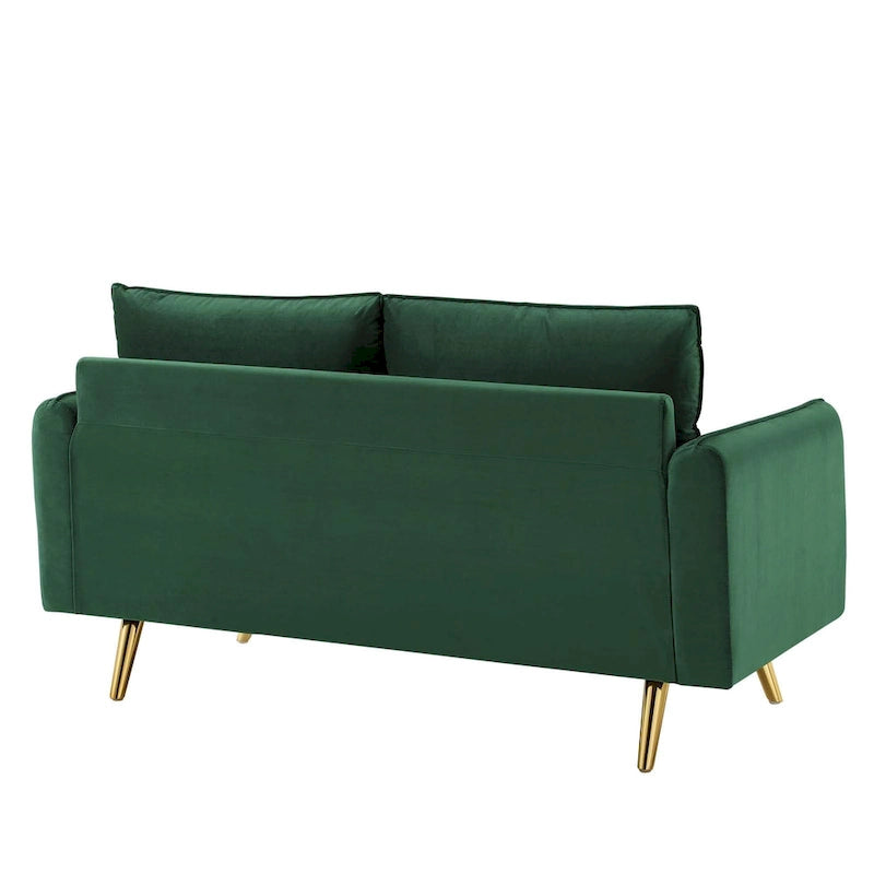 Dwustronna welurowa sofa dwuosobowa ze złotymi nóżkami i poduszkami