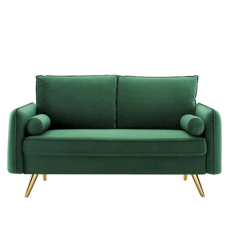 Dwustronna welurowa sofa dwuosobowa ze złotymi nóżkami i poduszkami