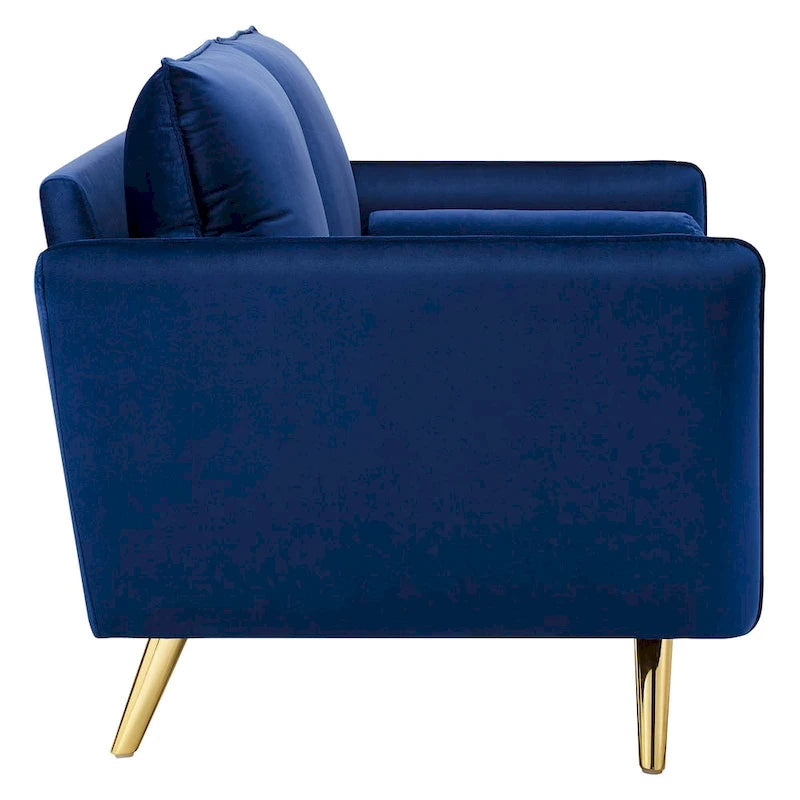 Dwustronna welurowa sofa dwuosobowa ze złotymi nóżkami i poduszkami
