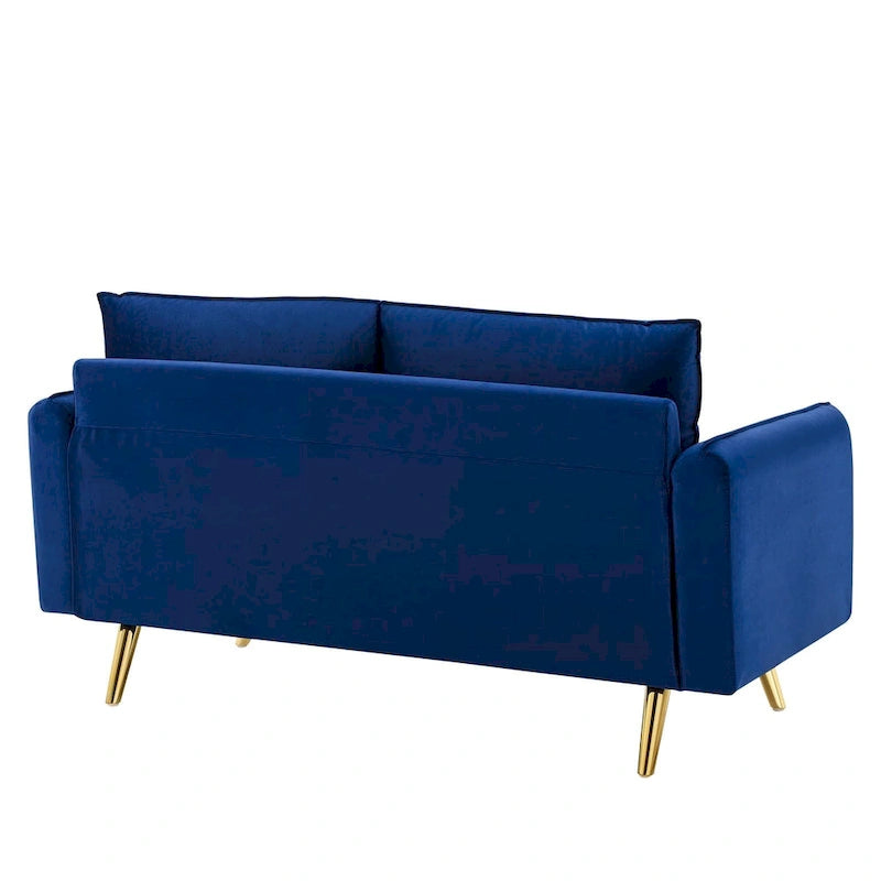 Dwustronna welurowa sofa dwuosobowa ze złotymi nóżkami i poduszkami