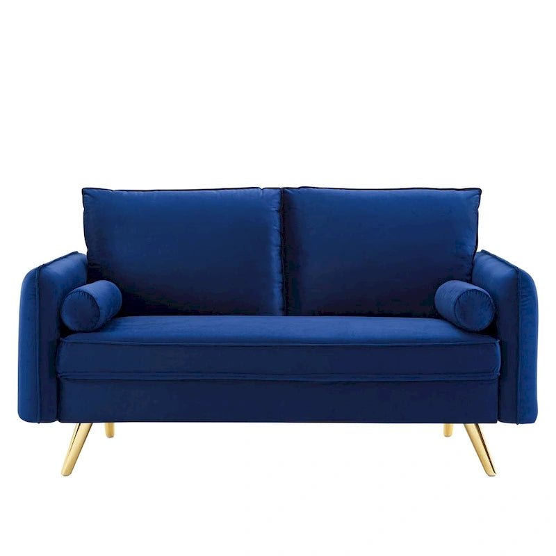 Dwustronna welurowa sofa dwuosobowa ze złotymi nóżkami i poduszkami