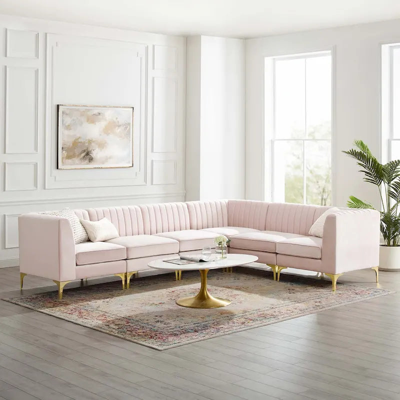 Sześcioczęściowa Sofa Narożna Tapicerowana Aksamitem w Pionowe Pasy