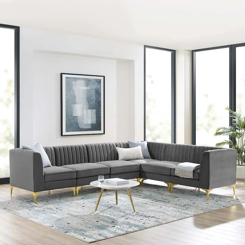 Sześcioczęściowa Sofa Narożna Tapicerowana Aksamitem w Pionowe Pasy