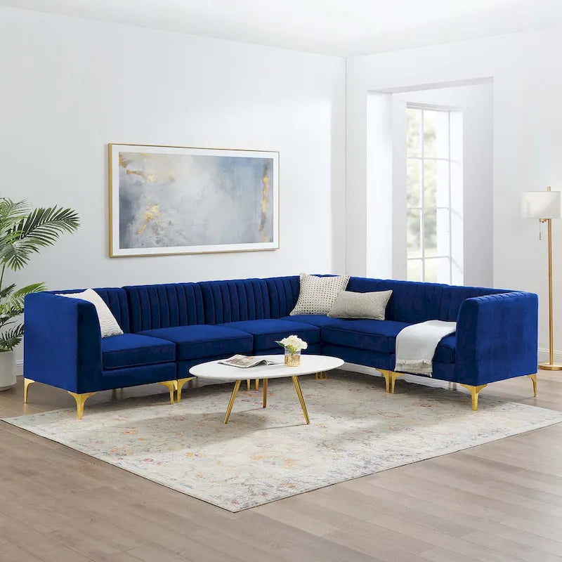 Sześcioczęściowa Sofa Narożna Tapicerowana Aksamitem w Pionowe Pasy