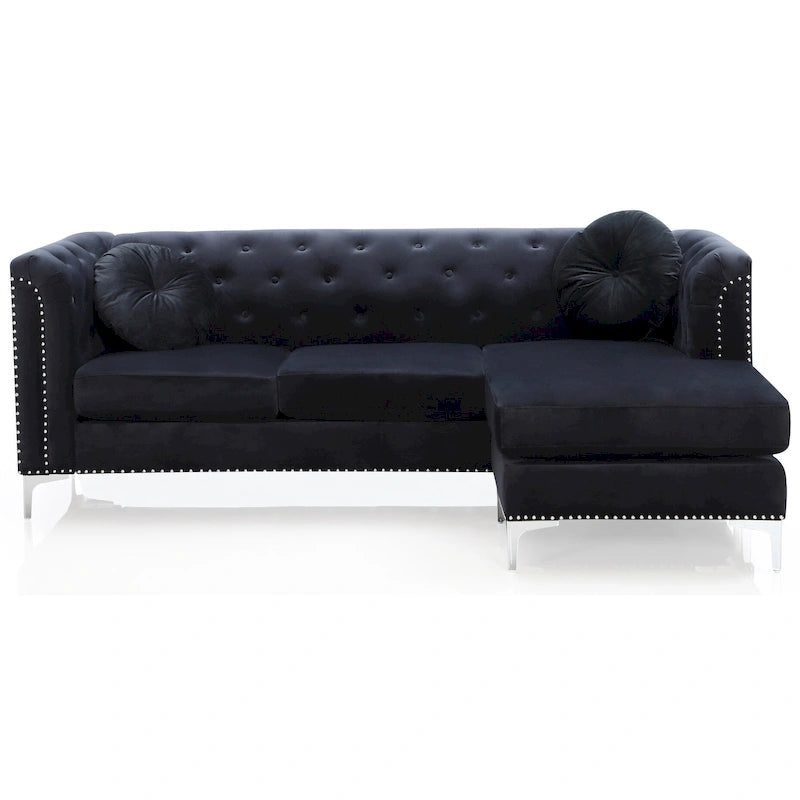 Czarna Sofa Narożna Tapicerowana Aksamitem z Szezlongiem 83 Cale