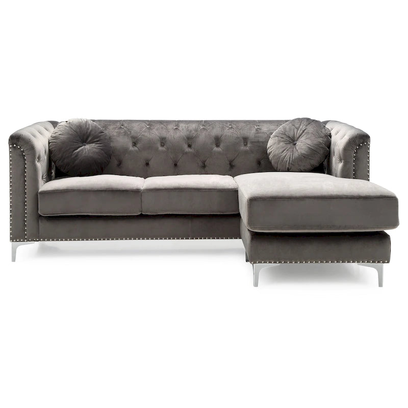 Czarna Sofa Narożna Tapicerowana Aksamitem z Szezlongiem 83 Cale