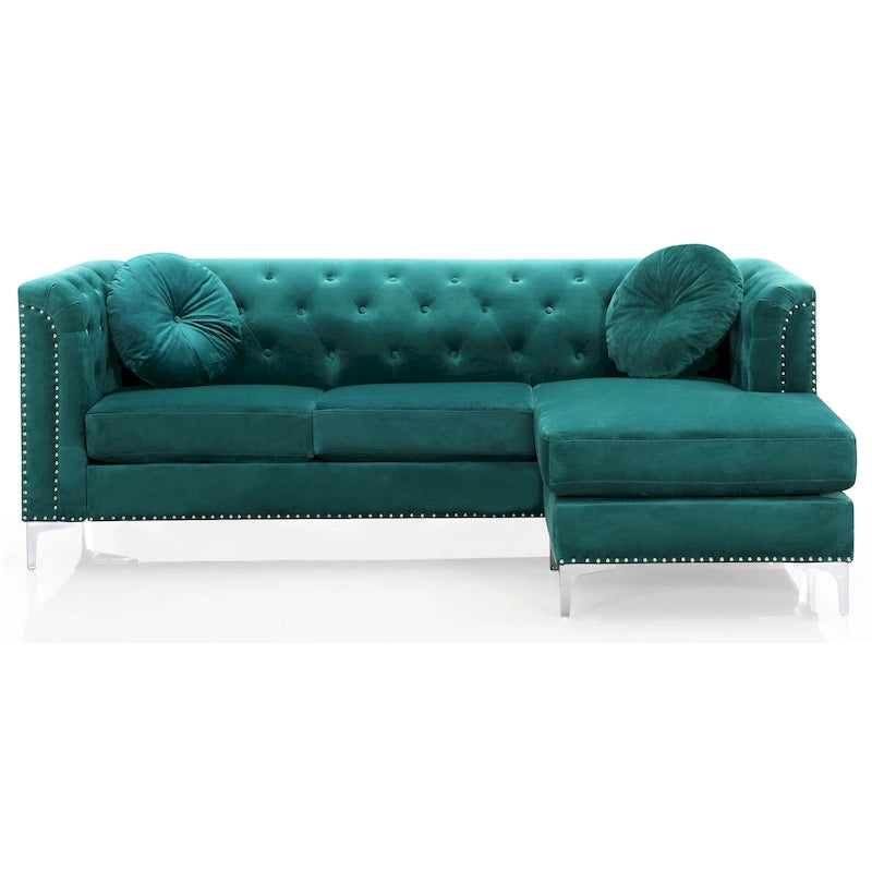 Czarna Sofa Narożna Tapicerowana Aksamitem z Szezlongiem 83 Cale