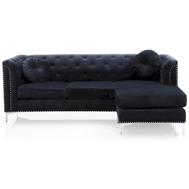 Czarna Sofa Narożna Tapicerowana Aksamitem z Szezlongiem 83 Cale