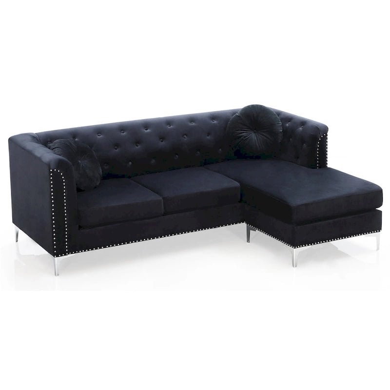Czarna Sofa Narożna Tapicerowana Aksamitem z Szezlongiem 83 Cale