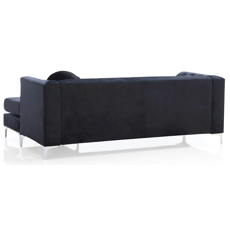 Czarna Sofa Narożna Tapicerowana Aksamitem z Szezlongiem 83 Cale