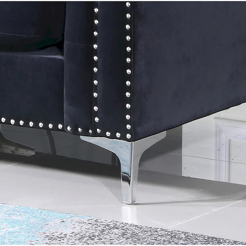 Czarna Sofa Narożna Tapicerowana Aksamitem z Szezlongiem 83 Cale