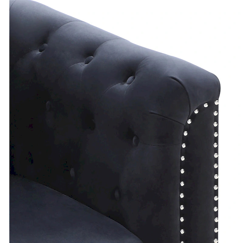 Czarna Sofa Narożna Tapicerowana Aksamitem z Szezlongiem 83 Cale