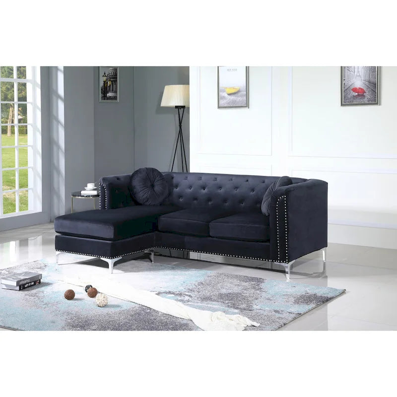 Czarna Sofa Narożna Tapicerowana Aksamitem z Szezlongiem 83 Cale