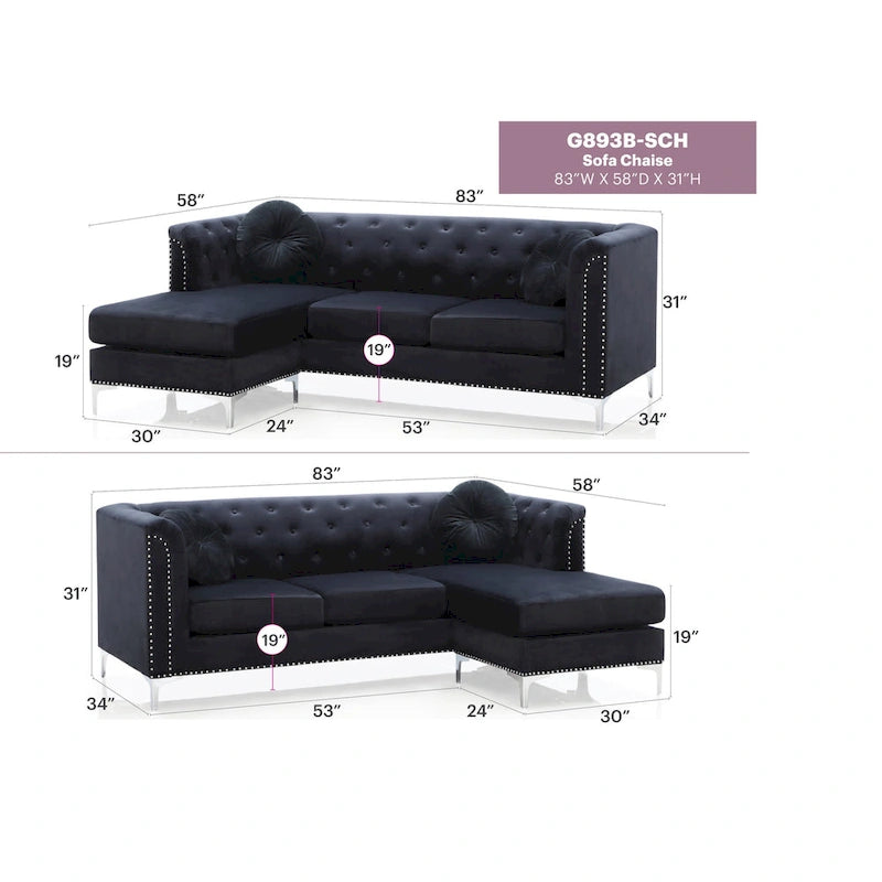 Czarna Sofa Narożna Tapicerowana Aksamitem z Szezlongiem 83 Cale