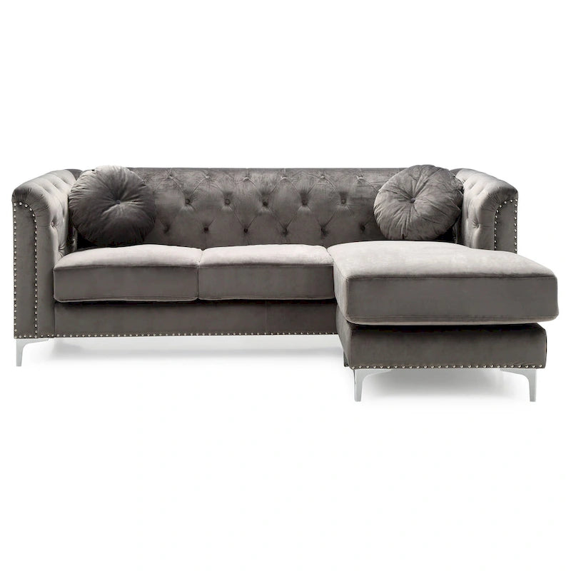 Czarna Sofa Narożna Tapicerowana Aksamitem z Szezlongiem 83 Cale
