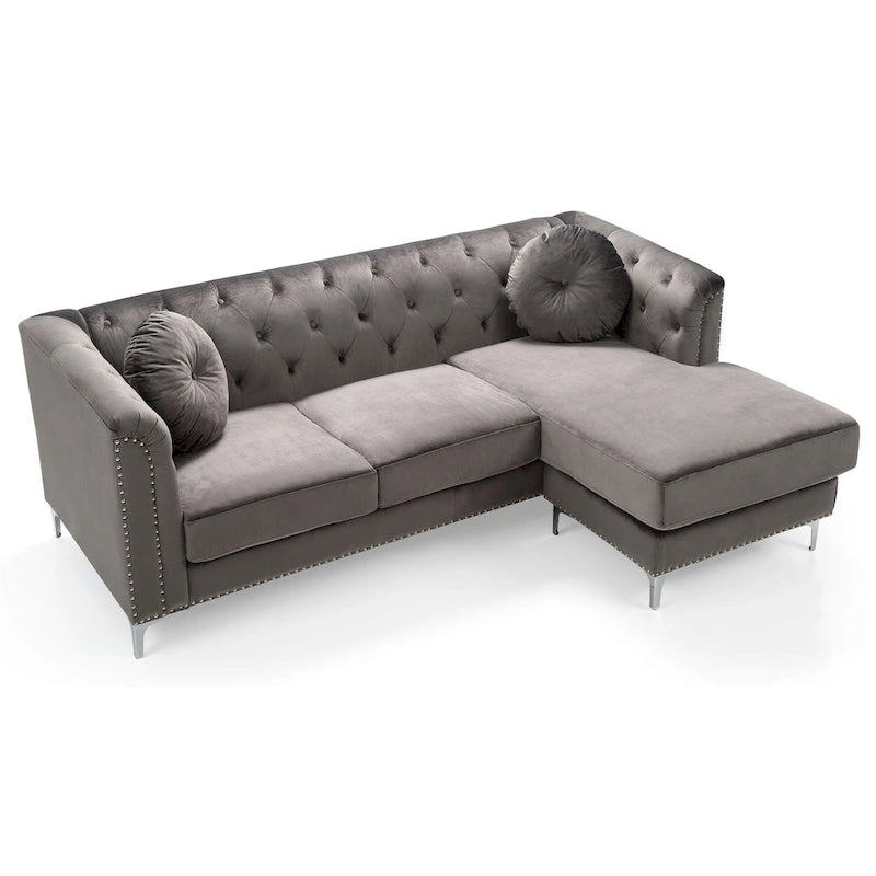 Czarna Sofa Narożna Tapicerowana Aksamitem z Szezlongiem 83 Cale