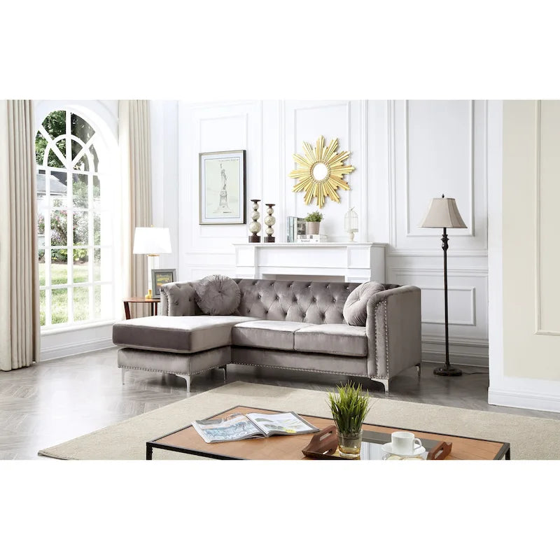 Czarna Sofa Narożna Tapicerowana Aksamitem z Szezlongiem 83 Cale