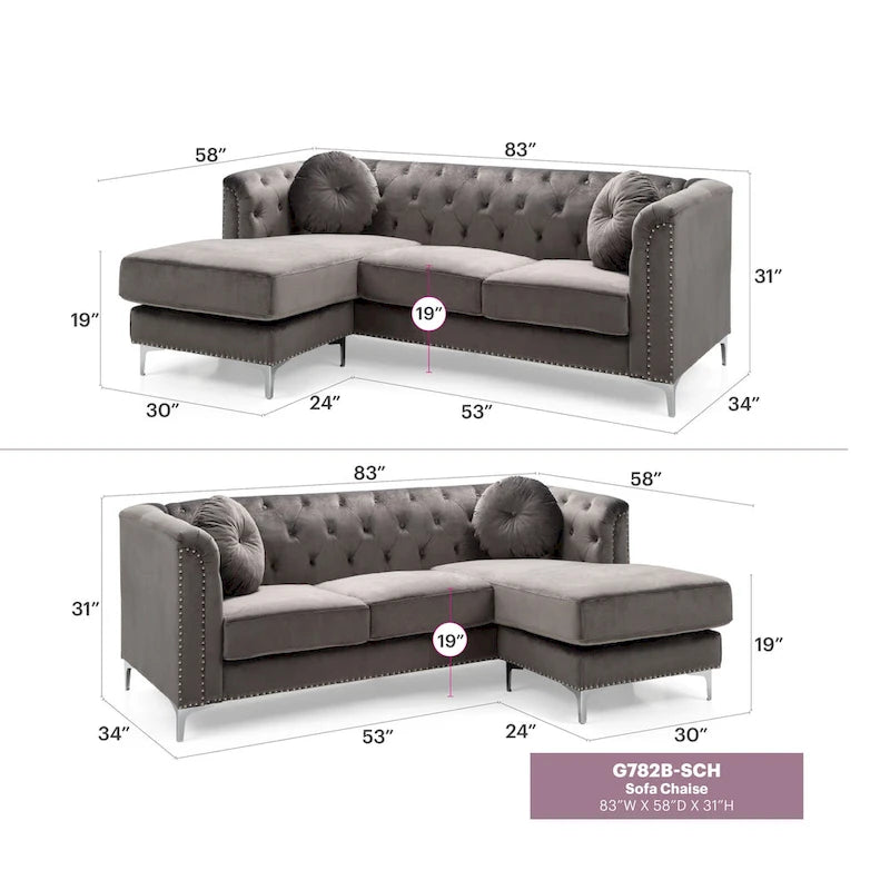 Czarna Sofa Narożna Tapicerowana Aksamitem z Szezlongiem 83 Cale