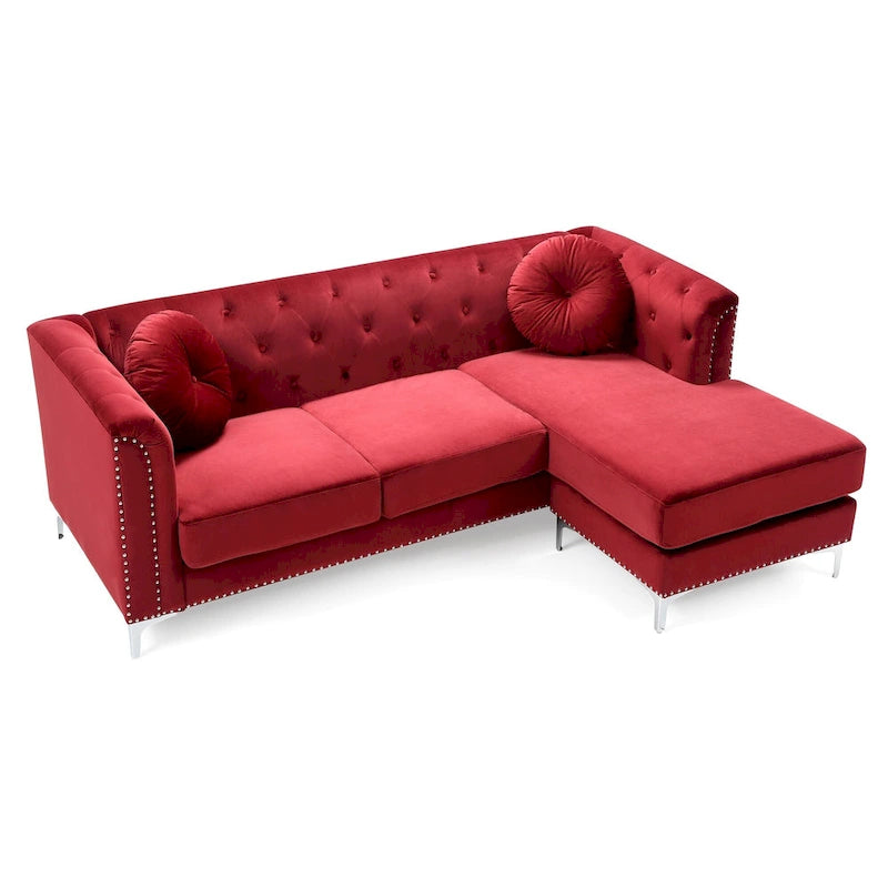 Czarna Sofa Narożna Tapicerowana Aksamitem z Szezlongiem 83 Cale