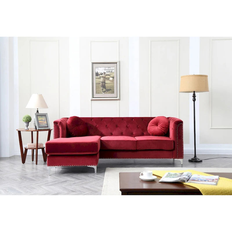 Czarna Sofa Narożna Tapicerowana Aksamitem z Szezlongiem 83 Cale