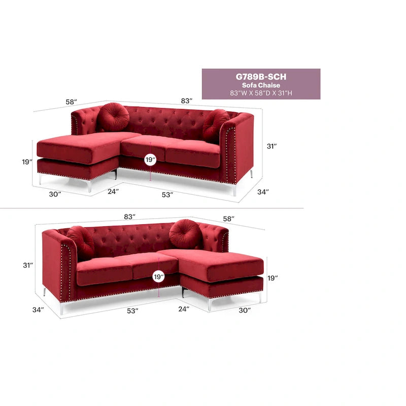 Czarna Sofa Narożna Tapicerowana Aksamitem z Szezlongiem 83 Cale