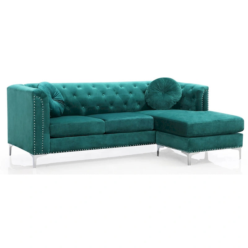 Czarna Sofa Narożna Tapicerowana Aksamitem z Szezlongiem 83 Cale