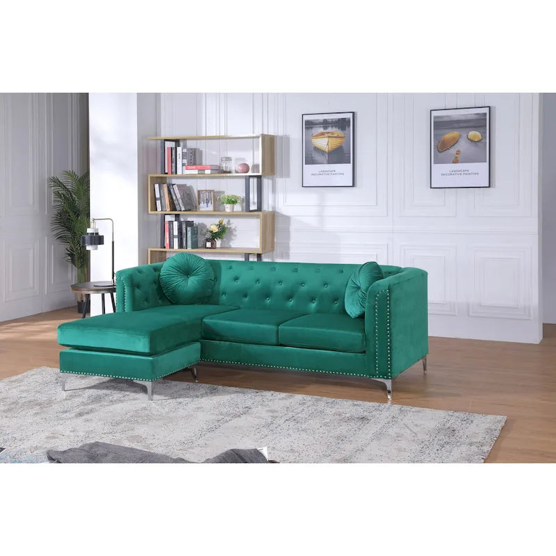 Czarna Sofa Narożna Tapicerowana Aksamitem z Szezlongiem 83 Cale