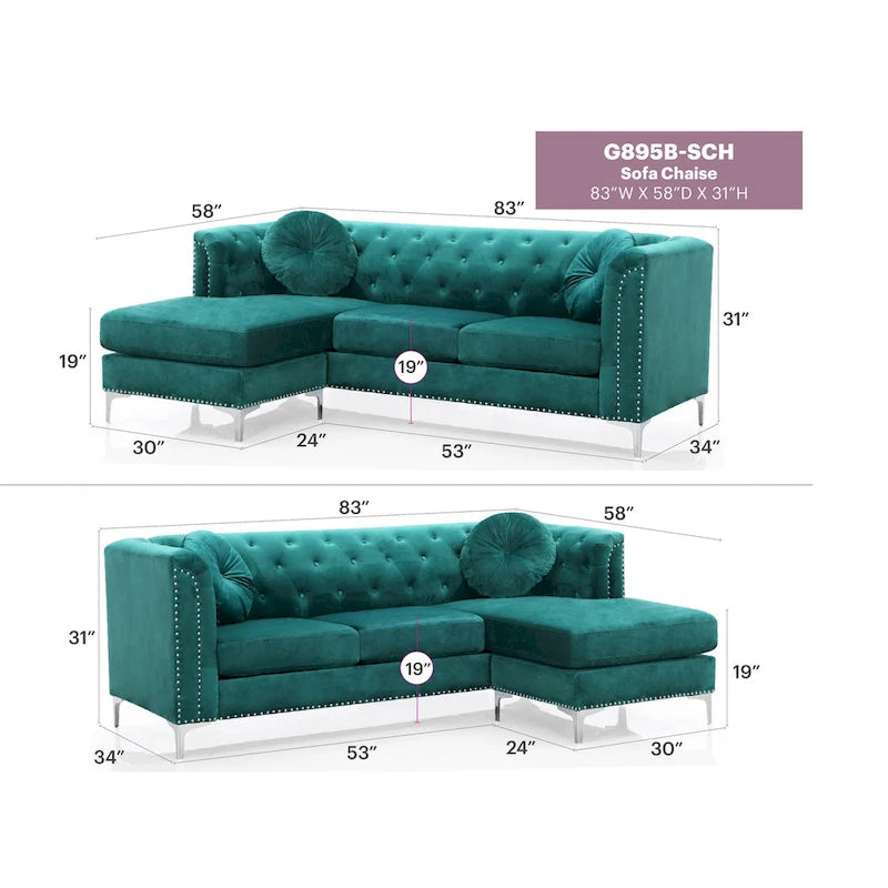 Czarna Sofa Narożna Tapicerowana Aksamitem z Szezlongiem 83 Cale