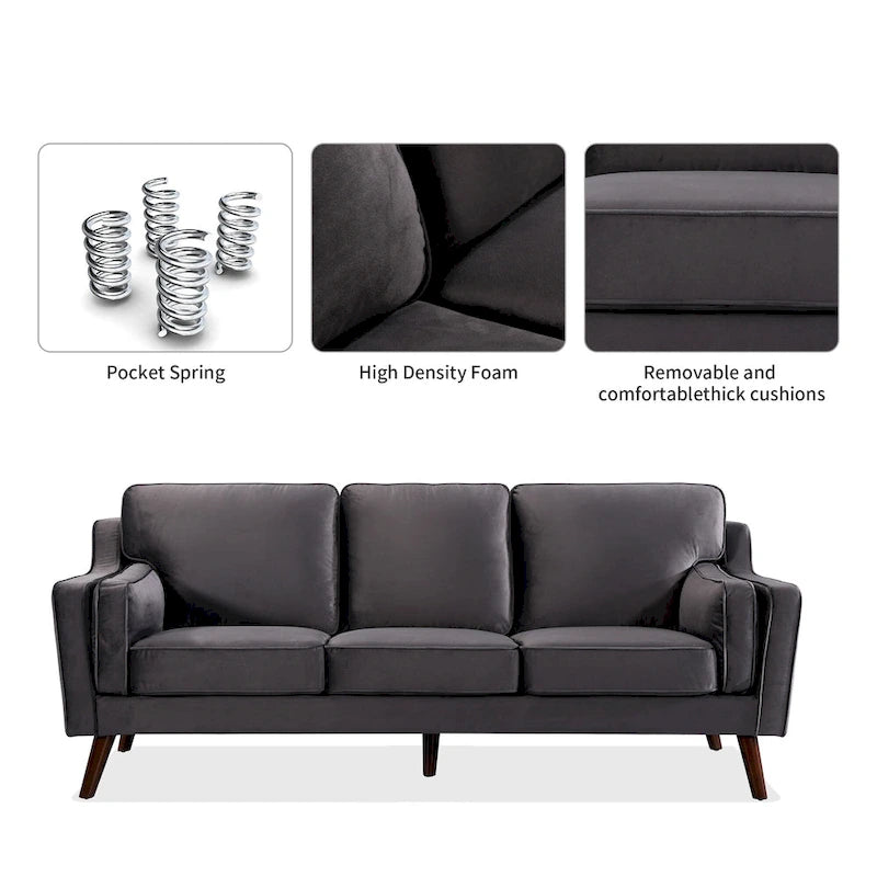Aksamitna sofa trzyosobowa z podłokietnikami, stelaż z litego drewna, 203 cm
