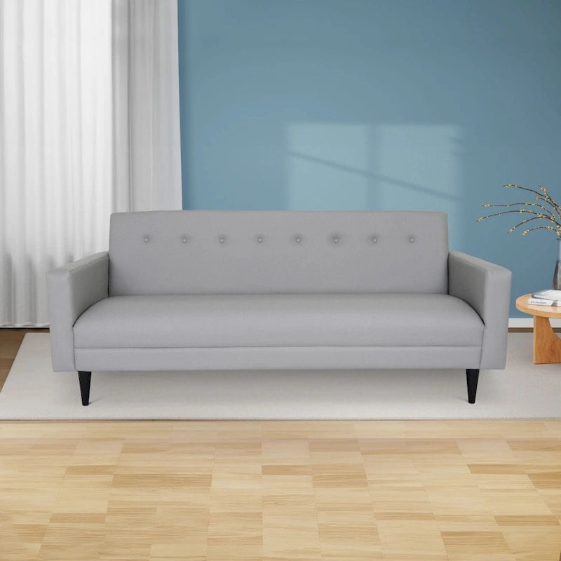 Sofa trzyosobowa Mid Century Modern, szara, z ekoskóry, z litego drewna