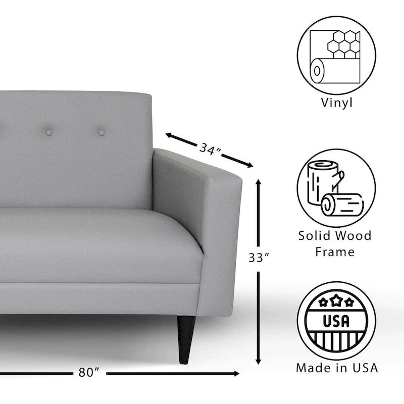 Sofa trzyosobowa Mid Century Modern, szara, z ekoskóry, z litego drewna