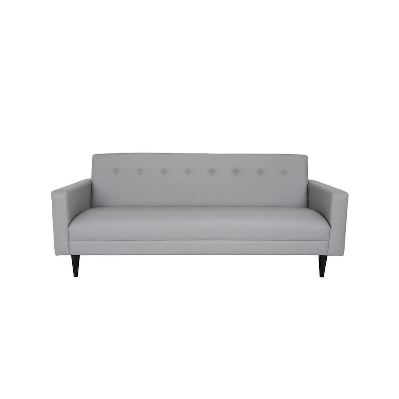 Sofa trzyosobowa Mid Century Modern, szara, z ekoskóry, z litego drewna
