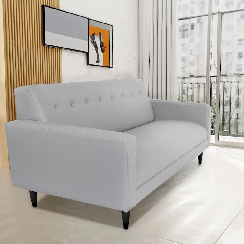 Sofa trzyosobowa Mid Century Modern, szara, z ekoskóry, z litego drewna