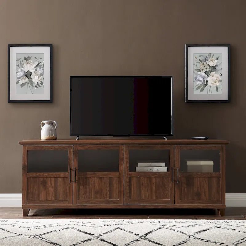 70 Inch TV Stand 4 Glass Panel Doors Soft Close Hinges