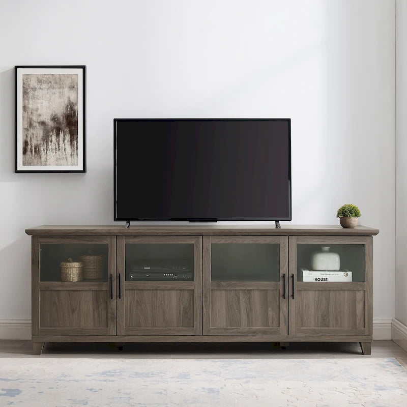 70 Inch TV Stand 4 Glass Panel Doors Soft Close Hinges