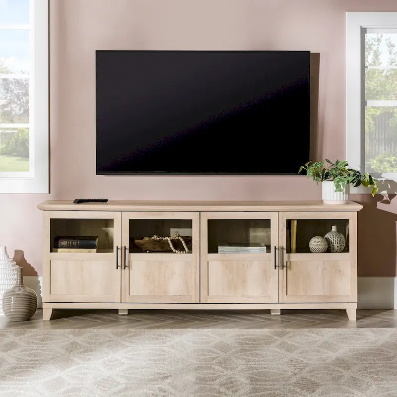 70 Inch TV Stand 4 Glass Panel Doors Soft Close Hinges