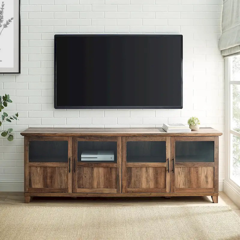 70 Inch TV Stand 4 Glass Panel Doors Soft Close Hinges