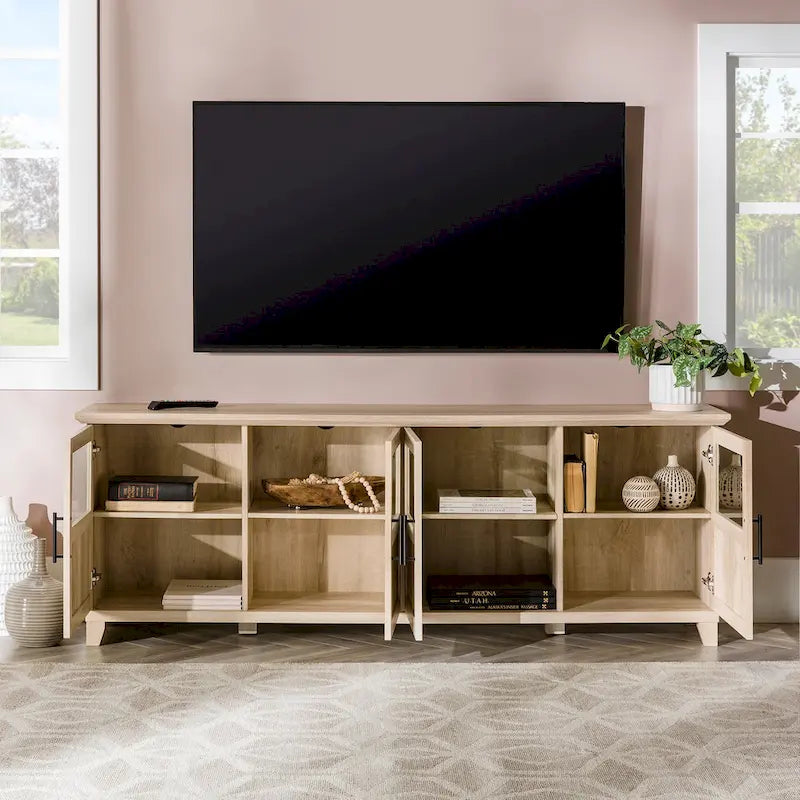 70 Inch TV Stand 4 Glass Panel Doors Soft Close Hinges