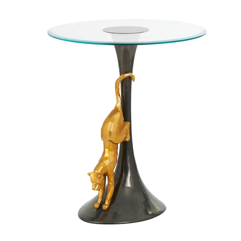 Czarny aluminiowy stolik akcentujący Leopard z blatem ze szkła hartowanego
