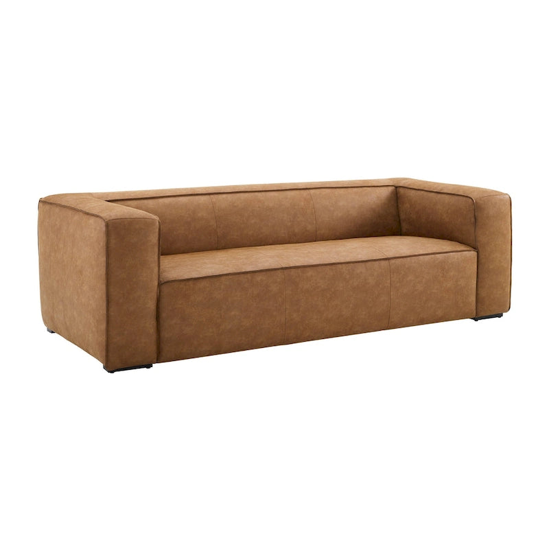 Nowoczesna sofa ze skóry i innych materiałów w kolorze brązowym, niskoprofilowa, z głębokim siedziskiem, szerokość 228,1 cm