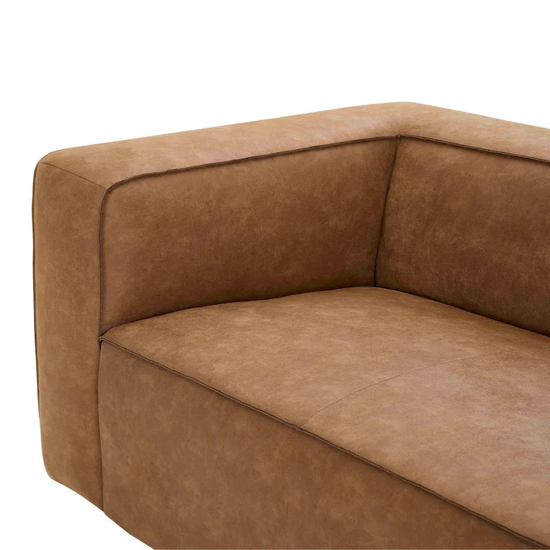 Nowoczesna sofa ze skóry i innych materiałów w kolorze brązowym, niskoprofilowa, z głębokim siedziskiem, szerokość 228,1 cm