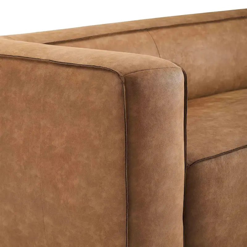 Nowoczesna sofa ze skóry i innych materiałów w kolorze brązowym, niskoprofilowa, z głębokim siedziskiem, szerokość 228,1 cm