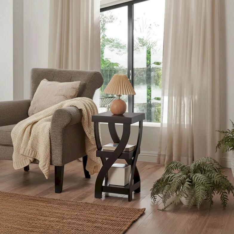Side End Table with Curved Legs and Storage Shelfs, Espresso