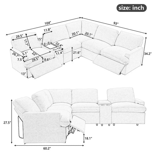 104 Inch Power Recliner Corner Sofa Cup Holders USB Storage Box