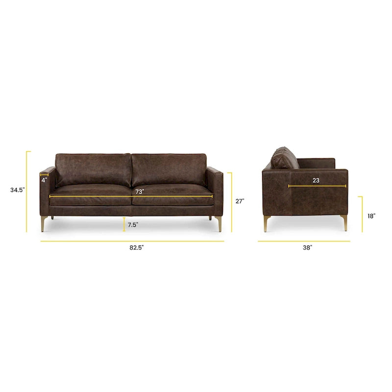 Sofa z włoskiej skóry licowej o długości 82,5 cala, rama z litego drewna