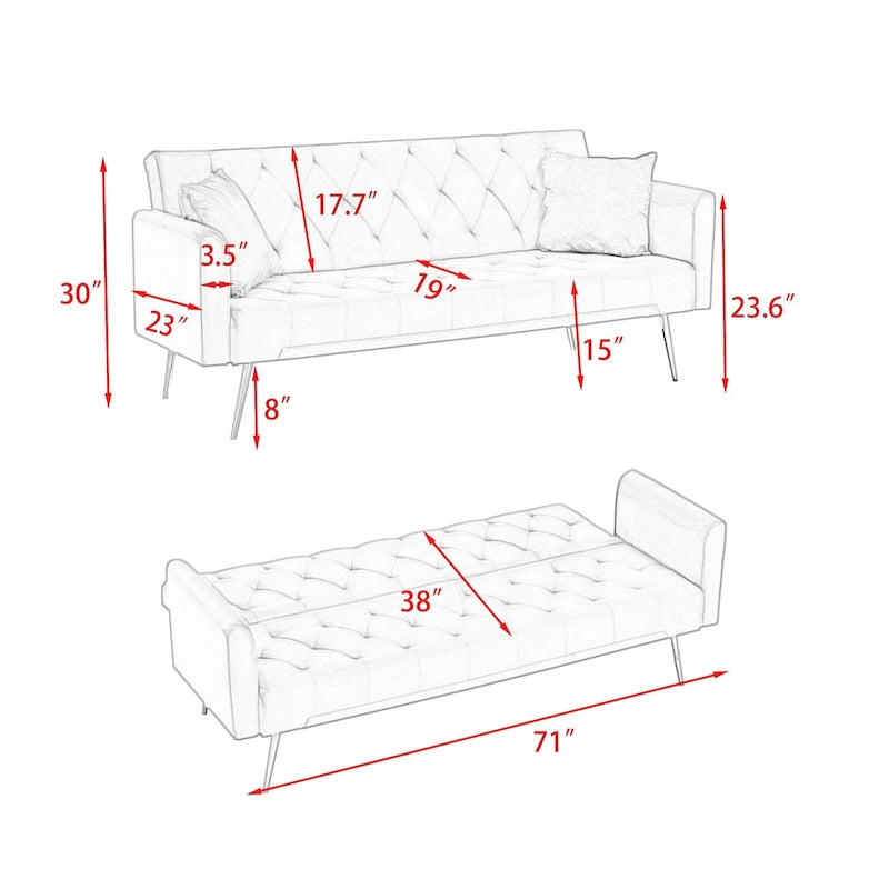 71-calowa rozkładana sofa aksamitna z regulowanym oparciem
