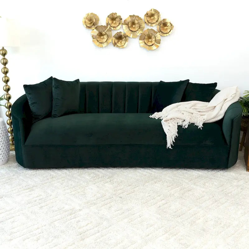 Aksamitna sofa w kolorze zielonym z ciasnym oparciem w stylu Mid-Century Modern
