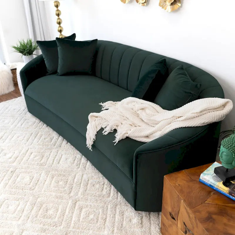 Aksamitna sofa w kolorze zielonym z ciasnym oparciem w stylu Mid-Century Modern